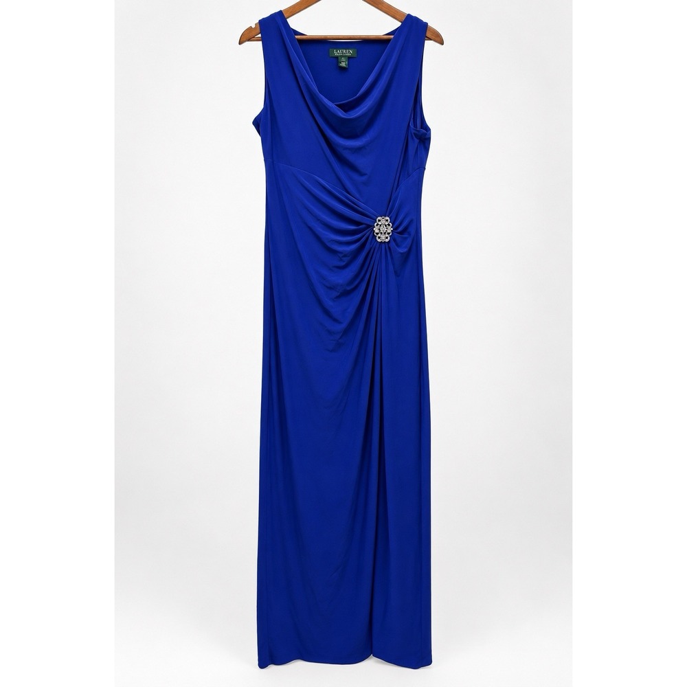 Lauren Ralph Lauren 14 Autumn Wedding Guest Dress Royal Blue Ruched Formal Gown - Picture 2 of 11